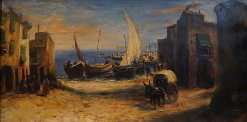 Cadaques, spanisches Fischerdorf, Blick auf Hafen mit Eselskarren - um 1960 - 50 x 99 cm