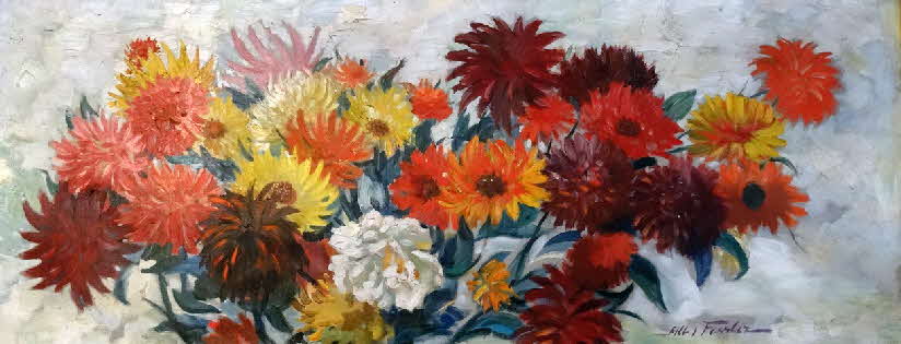 Stillleben mit Dahlien - um 1973 - 40 x 99 cm