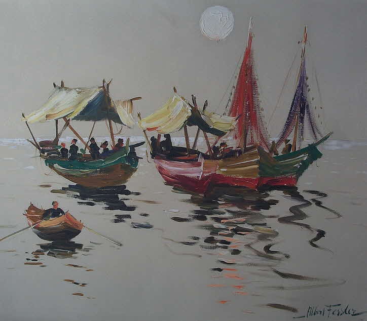 Fischerdschunken am Morgen - Galerie Steinbach um 1960 - 59 x 69 cm