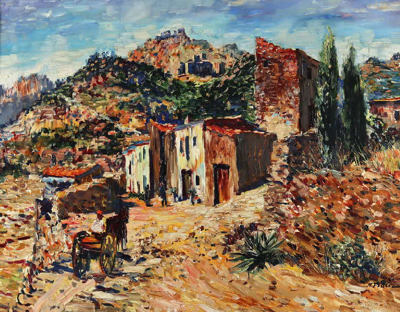 Spanische Landschaft - Dorf auf dem Hgel - um 1960 - 70 x 90 cm